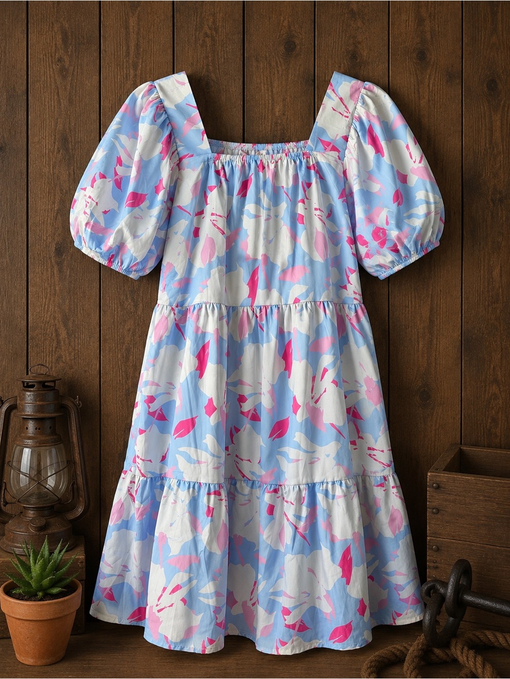 Women’s Blue & Pink Floral Puff-Sleeve Tiered Dress